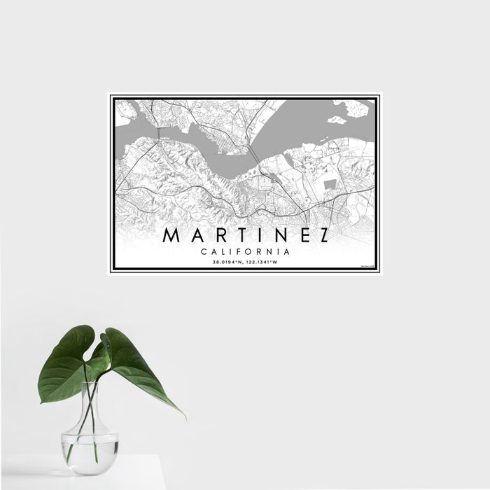 16x24 Martinez California Map Print Landscape Orientation in Classic Style With Tropical Plant Leaves in Water