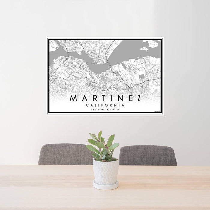 24x36 Martinez California Map Print Landscape Orientation in Classic Style Behind 2 Chairs Table and Potted Plant