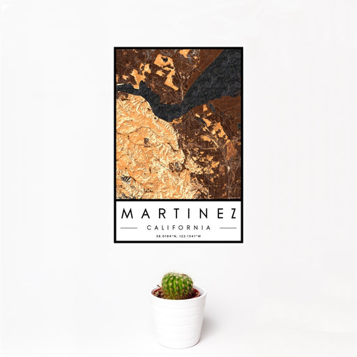 12x18 Martinez California Map Print Portrait Orientation in Ember Style With Small Cactus Plant in White Planter