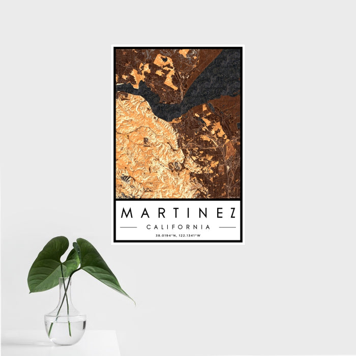 16x24 Martinez California Map Print Portrait Orientation in Ember Style With Tropical Plant Leaves in Water