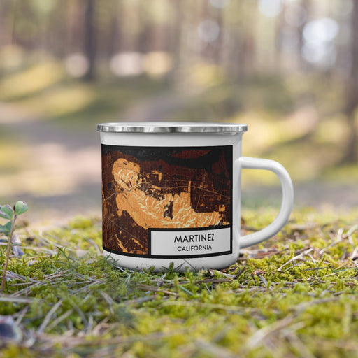 Right View Custom Martinez California Map Enamel Mug in Ember on Grass With Trees in Background