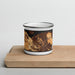 Front View Custom Martinez California Map Enamel Mug in Ember on Cutting Board