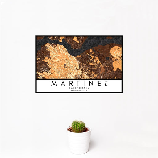 12x18 Martinez California Map Print Landscape Orientation in Ember Style With Small Cactus Plant in White Planter