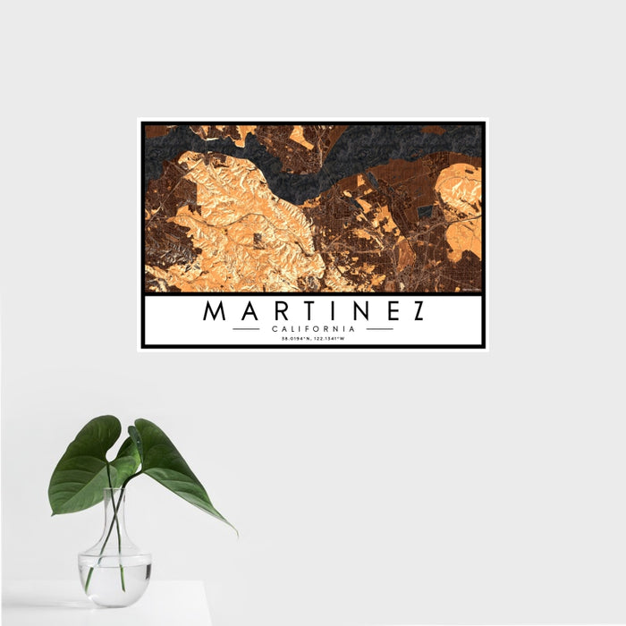 16x24 Martinez California Map Print Landscape Orientation in Ember Style With Tropical Plant Leaves in Water