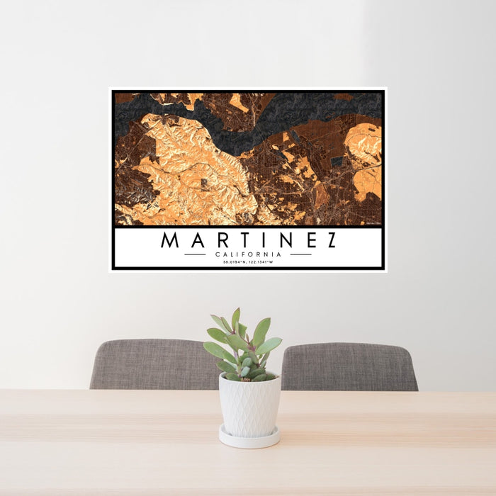 24x36 Martinez California Map Print Landscape Orientation in Ember Style Behind 2 Chairs Table and Potted Plant