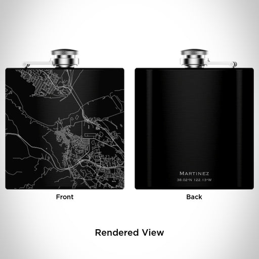 Rendered View of Martinez California Map Engraving on 6oz Stainless Steel Flask in Black