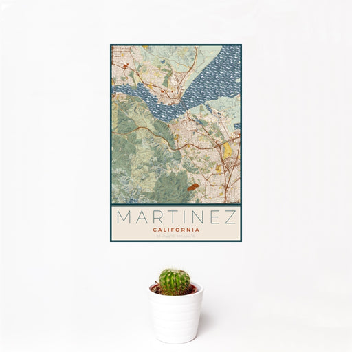 12x18 Martinez California Map Print Portrait Orientation in Woodblock Style With Small Cactus Plant in White Planter