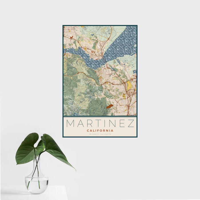 16x24 Martinez California Map Print Portrait Orientation in Woodblock Style With Tropical Plant Leaves in Water