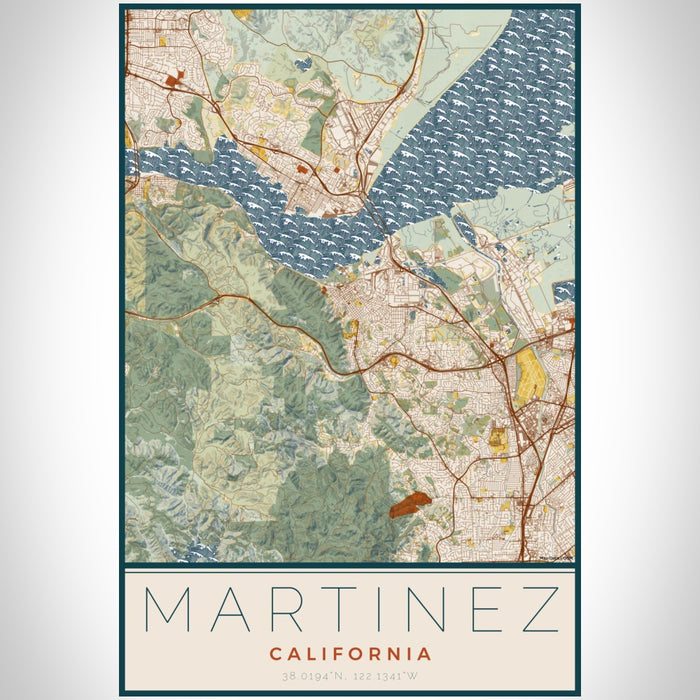 Martinez California Map Print Portrait Orientation in Woodblock Style With Shaded Background