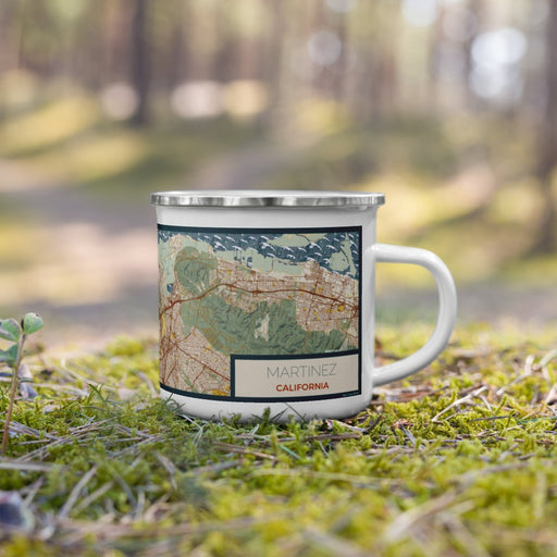 Right View Custom Martinez California Map Enamel Mug in Woodblock on Grass With Trees in Background