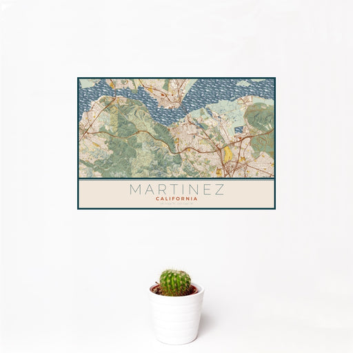 12x18 Martinez California Map Print Landscape Orientation in Woodblock Style With Small Cactus Plant in White Planter