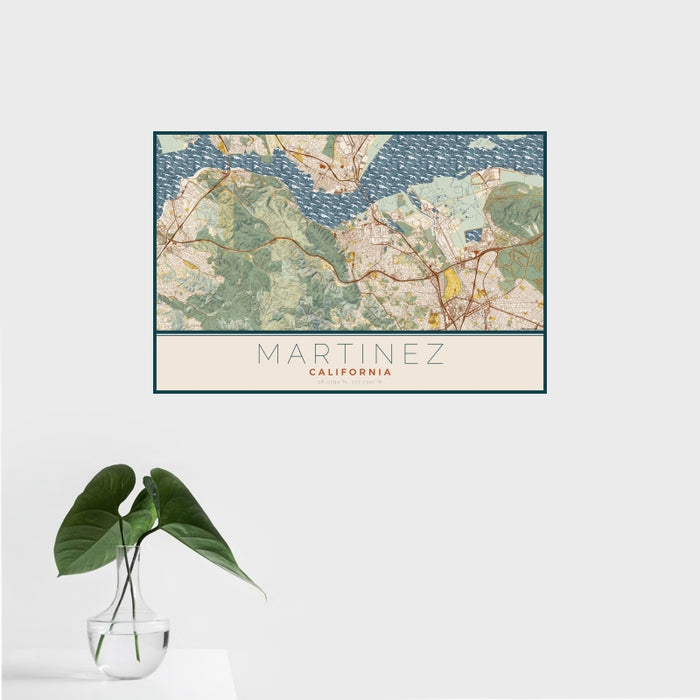 16x24 Martinez California Map Print Landscape Orientation in Woodblock Style With Tropical Plant Leaves in Water