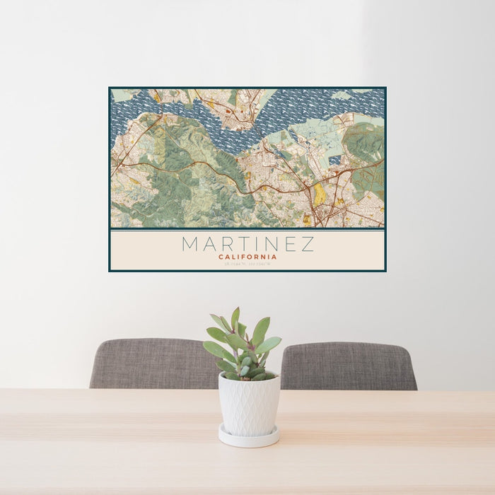 24x36 Martinez California Map Print Landscape Orientation in Woodblock Style Behind 2 Chairs Table and Potted Plant