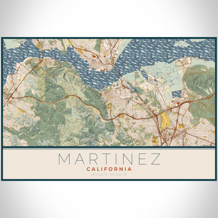 Martinez California Map Print Landscape Orientation in Woodblock Style With Shaded Background
