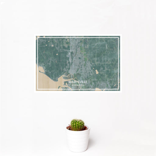 12x18 Marysville Washington Map Print Landscape Orientation in Afternoon Style With Small Cactus Plant in White Planter