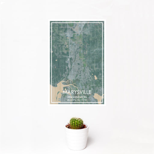 12x18 Marysville Washington Map Print Portrait Orientation in Afternoon Style With Small Cactus Plant in White Planter