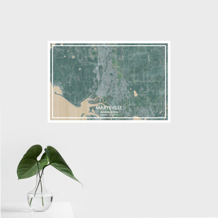 16x24 Marysville Washington Map Print Landscape Orientation in Afternoon Style With Tropical Plant Leaves in Water