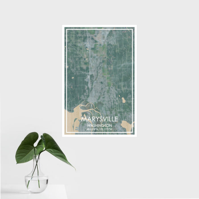 16x24 Marysville Washington Map Print Portrait Orientation in Afternoon Style With Tropical Plant Leaves in Water