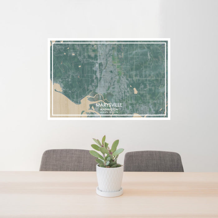 24x36 Marysville Washington Map Print Lanscape Orientation in Afternoon Style Behind 2 Chairs Table and Potted Plant