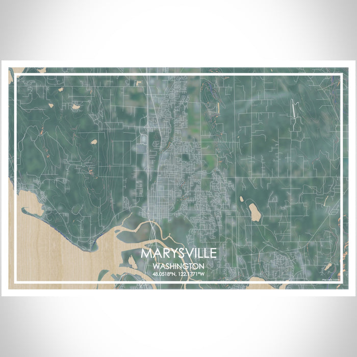 Marysville Washington Map Print Landscape Orientation in Afternoon Style With Shaded Background