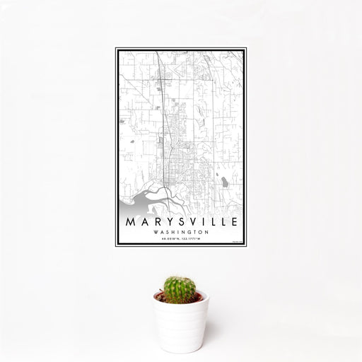 12x18 Marysville Washington Map Print Portrait Orientation in Classic Style With Small Cactus Plant in White Planter