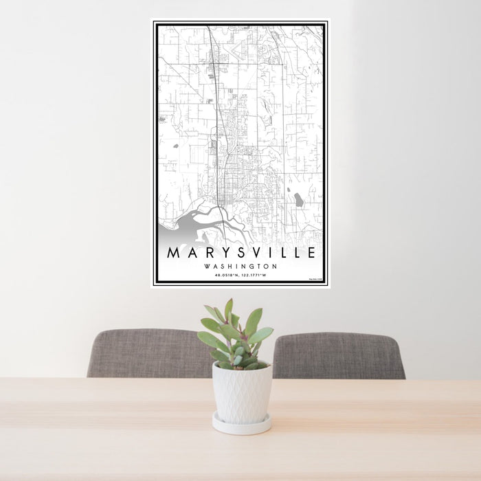 24x36 Marysville Washington Map Print Portrait Orientation in Classic Style Behind 2 Chairs Table and Potted Plant