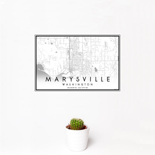 12x18 Marysville Washington Map Print Landscape Orientation in Classic Style With Small Cactus Plant in White Planter