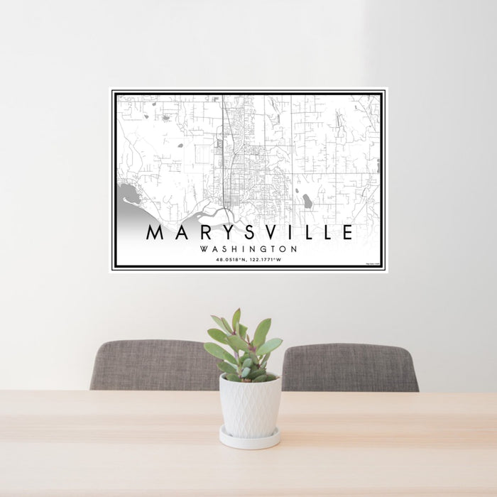 24x36 Marysville Washington Map Print Landscape Orientation in Classic Style Behind 2 Chairs Table and Potted Plant