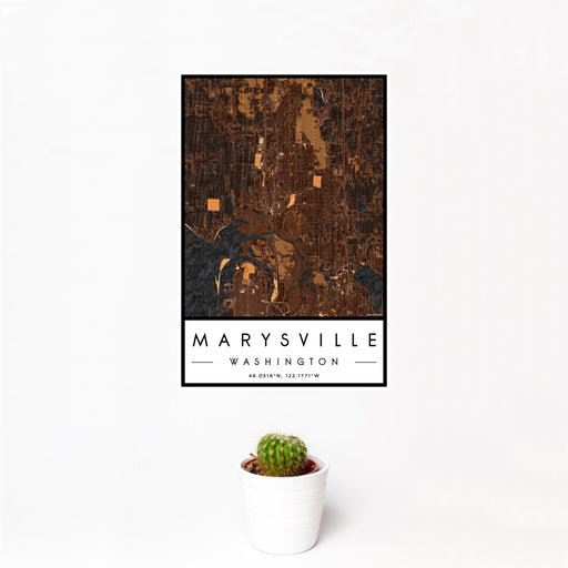 12x18 Marysville Washington Map Print Portrait Orientation in Ember Style With Small Cactus Plant in White Planter