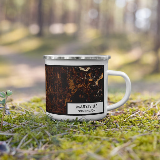 Right View Custom Marysville Washington Map Enamel Mug in Ember on Grass With Trees in Background