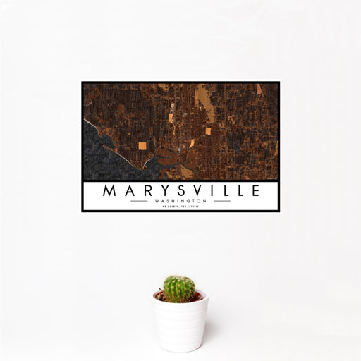 12x18 Marysville Washington Map Print Landscape Orientation in Ember Style With Small Cactus Plant in White Planter