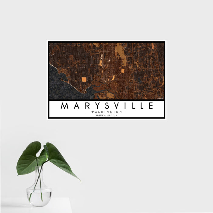 16x24 Marysville Washington Map Print Landscape Orientation in Ember Style With Tropical Plant Leaves in Water