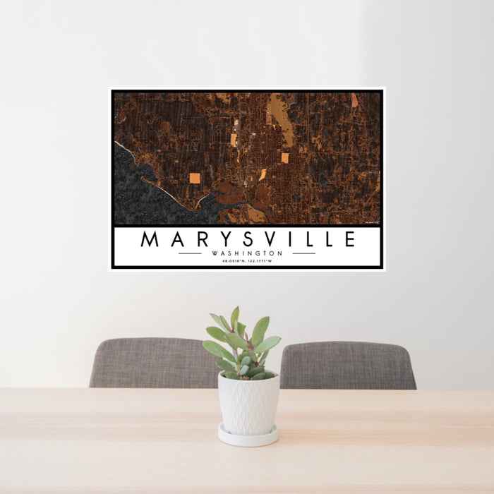 24x36 Marysville Washington Map Print Landscape Orientation in Ember Style Behind 2 Chairs Table and Potted Plant