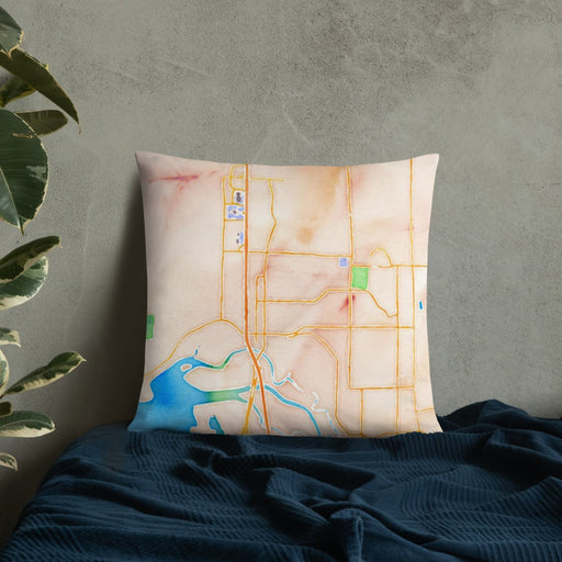 Custom Marysville Washington Map Throw Pillow in Watercolor on Bedding Against Wall