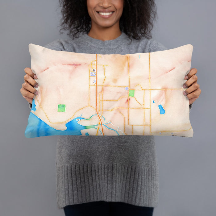 Person holding 20x12 Custom Marysville Washington Map Throw Pillow in Watercolor