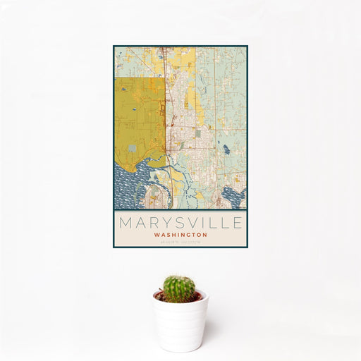 12x18 Marysville Washington Map Print Portrait Orientation in Woodblock Style With Small Cactus Plant in White Planter