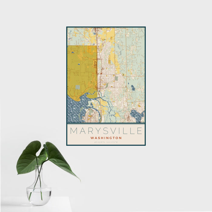 16x24 Marysville Washington Map Print Portrait Orientation in Woodblock Style With Tropical Plant Leaves in Water