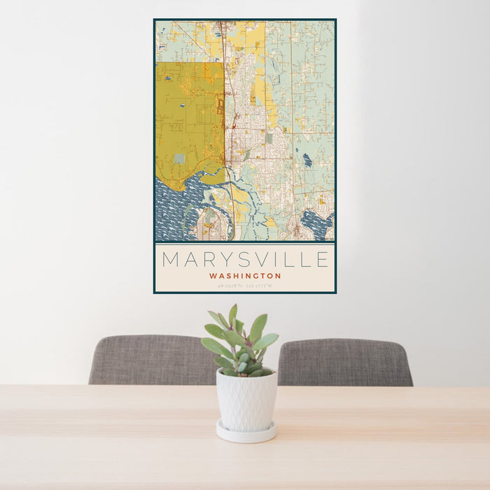 24x36 Marysville Washington Map Print Portrait Orientation in Woodblock Style Behind 2 Chairs Table and Potted Plant