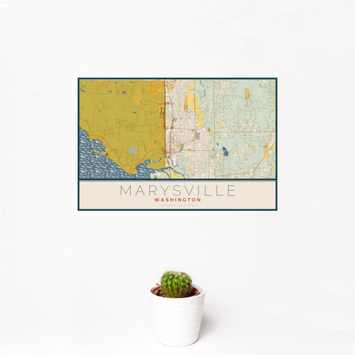 12x18 Marysville Washington Map Print Landscape Orientation in Woodblock Style With Small Cactus Plant in White Planter