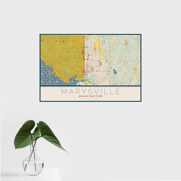 16x24 Marysville Washington Map Print Landscape Orientation in Woodblock Style With Tropical Plant Leaves in Water
