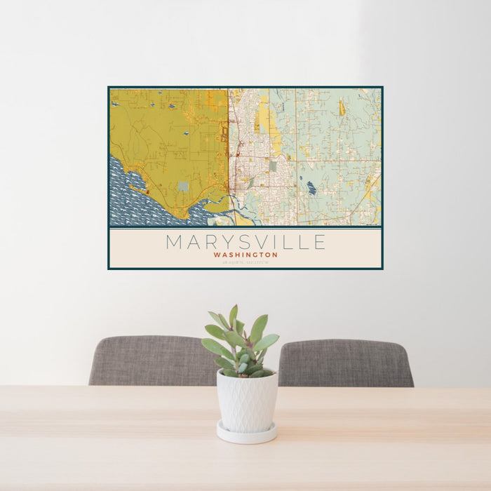 24x36 Marysville Washington Map Print Landscape Orientation in Woodblock Style Behind 2 Chairs Table and Potted Plant