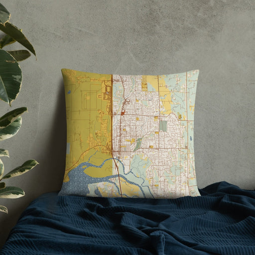 Custom Marysville Washington Map Throw Pillow in Woodblock on Bedding Against Wall