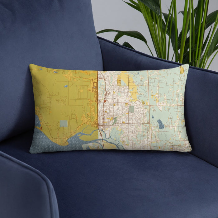 Custom Marysville Washington Map Throw Pillow in Woodblock on Blue Colored Chair