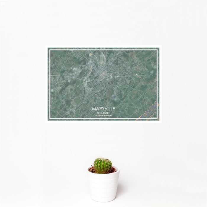 12x18 Maryville Tennessee Map Print Landscape Orientation in Afternoon Style With Small Cactus Plant in White Planter