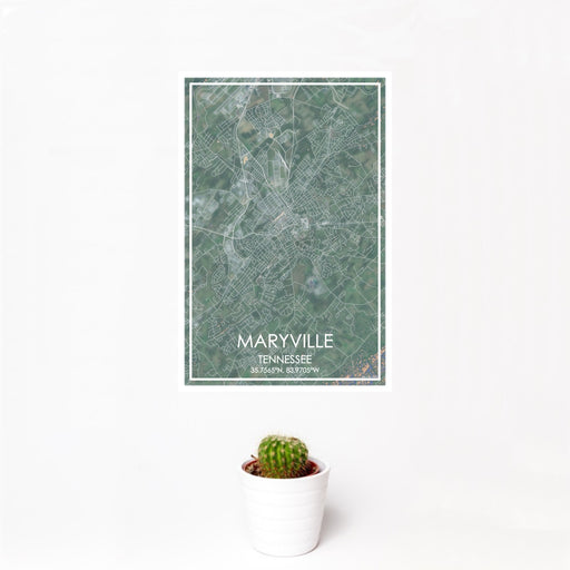 12x18 Maryville Tennessee Map Print Portrait Orientation in Afternoon Style With Small Cactus Plant in White Planter