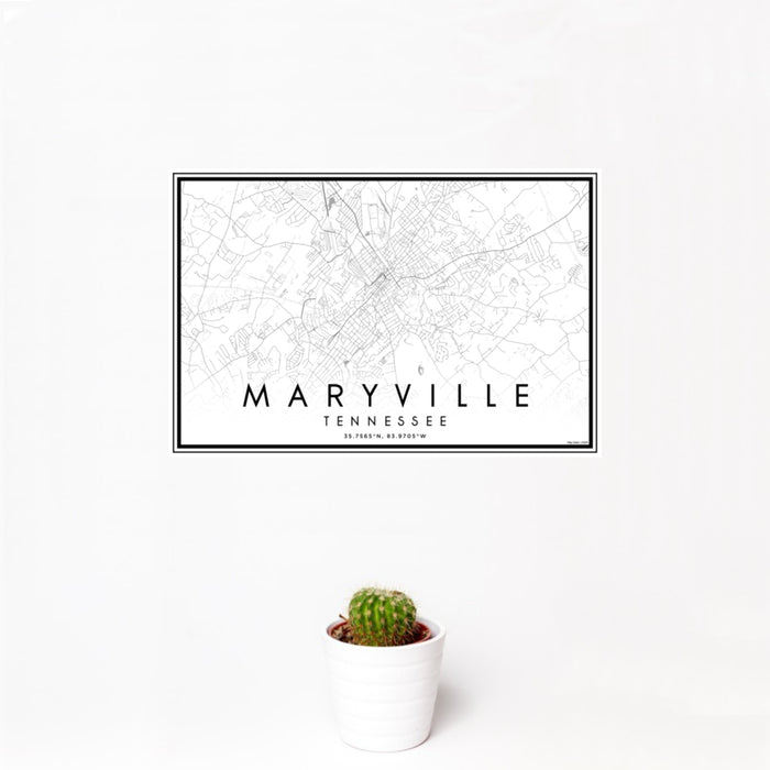 12x18 Maryville Tennessee Map Print Landscape Orientation in Classic Style With Small Cactus Plant in White Planter
