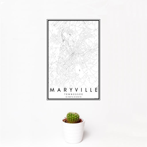 12x18 Maryville Tennessee Map Print Portrait Orientation in Classic Style With Small Cactus Plant in White Planter