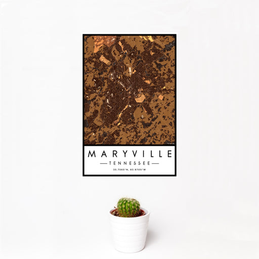 12x18 Maryville Tennessee Map Print Portrait Orientation in Ember Style With Small Cactus Plant in White Planter