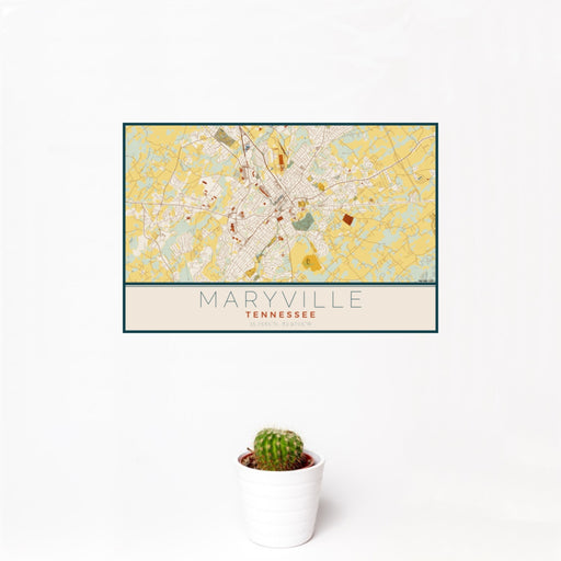 12x18 Maryville Tennessee Map Print Landscape Orientation in Woodblock Style With Small Cactus Plant in White Planter