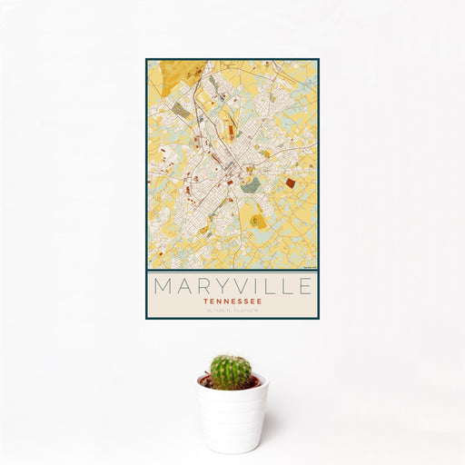 12x18 Maryville Tennessee Map Print Portrait Orientation in Woodblock Style With Small Cactus Plant in White Planter
